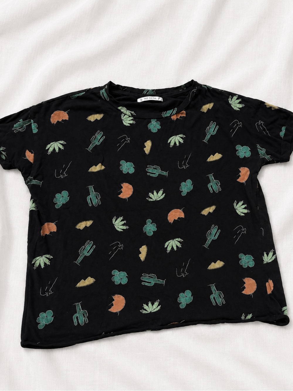 Pull&Bear Black Tee with Green Cactus and Rust Motif